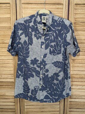 Kennington Ltd. Navy and Light Blue Leaf Print Short Sleeve Shirt Size Large